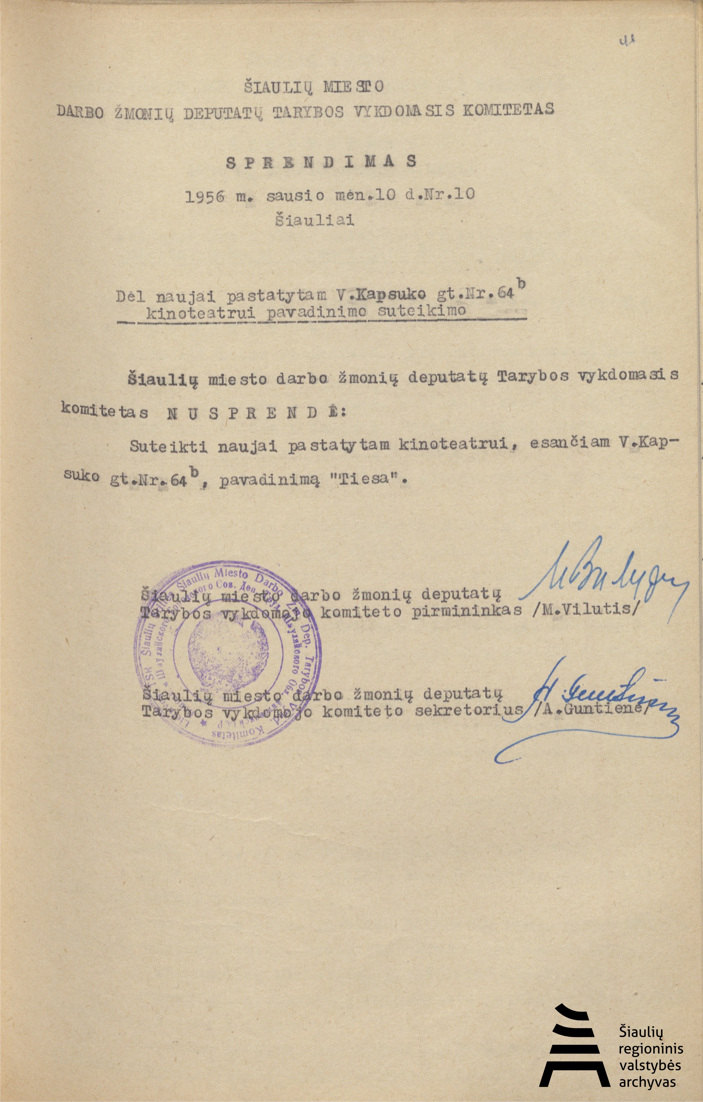 Šiaulių miesto vykdomojo komiteto 1956 m. sausio 10 d.  sprendimas Nr. 10. ŠRVA, f 269 ap.1, b. 210, l. 42.jpg