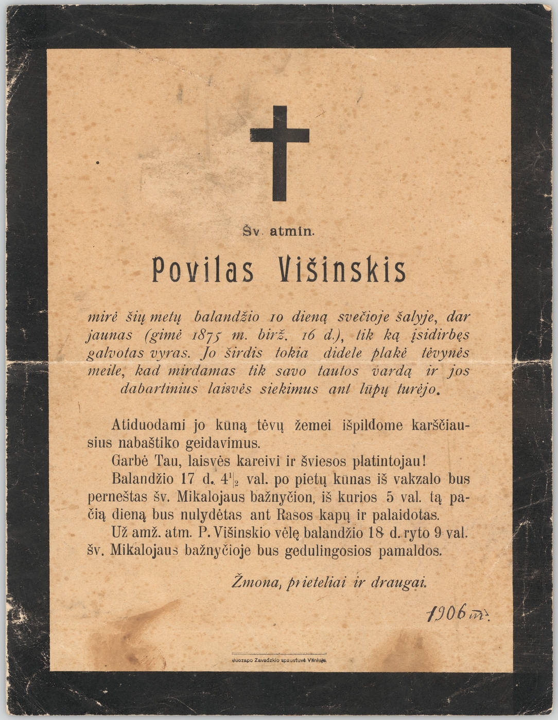 Skelbimas apie Povilo Višinskio mirtį ir laidotuves, Šiaulių Aušros muziejus. epaveldas.lt.jpg